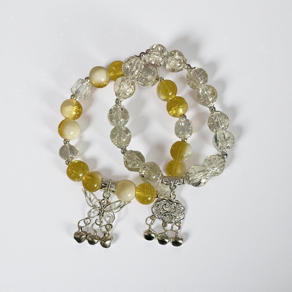 Yellow & White / Clear Beaded Bracelet Stack Handmade Stretch Bracelets - Picture 3 of 7